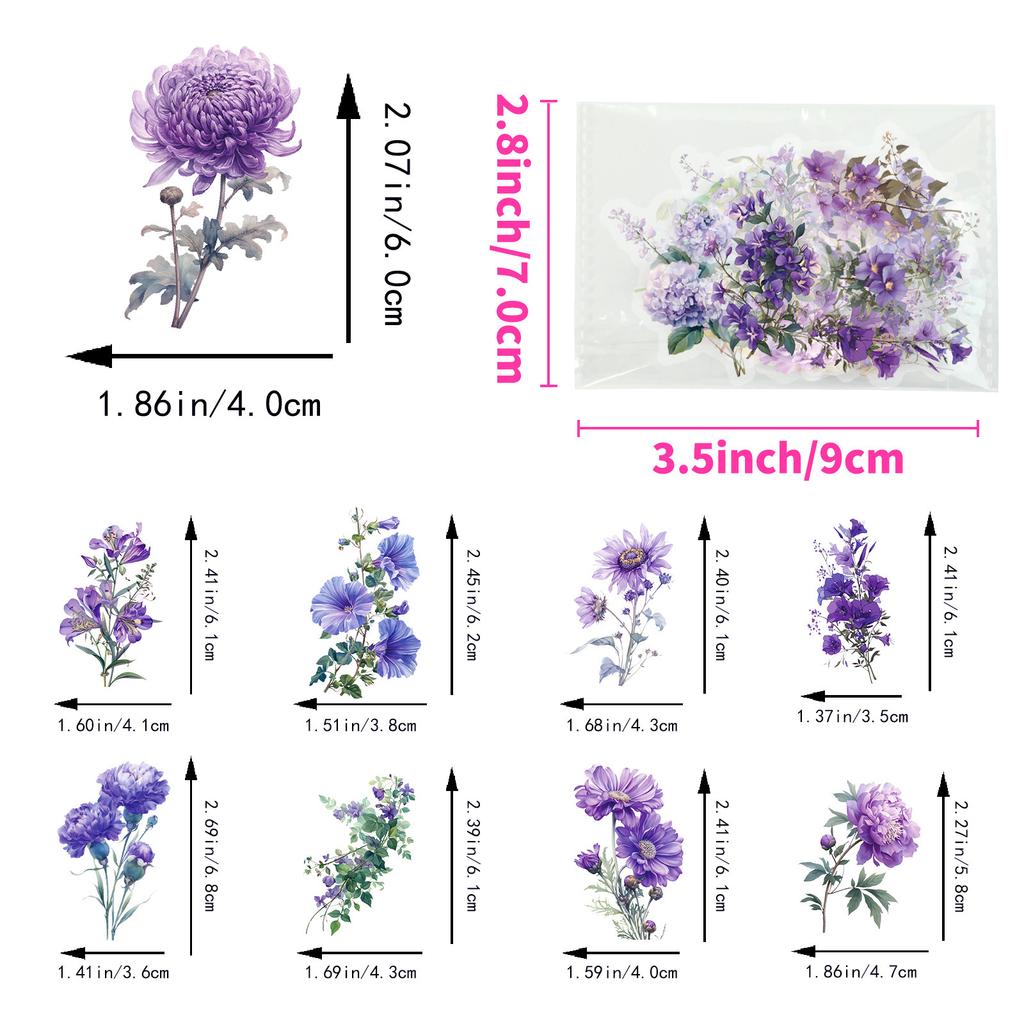 Boutique 50 Romantic Purple Flowers Transparent Waterproof Stickers DIY Decorative Mobile Phone Case Wishing Bottle Glass Water Cup