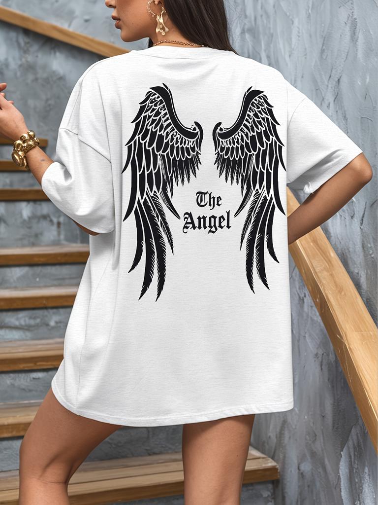 Ladies Fashion Angel Wings Printed Casual Loose Short Sleeve Tshirt Round Neck Comfortable Tshirt