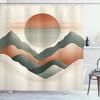 Neutral Shower Curtain, Modern Abstract Aesthetic Drawing of Mountains with Sun in Warm Tones, Cloth Fabric Bathroom D