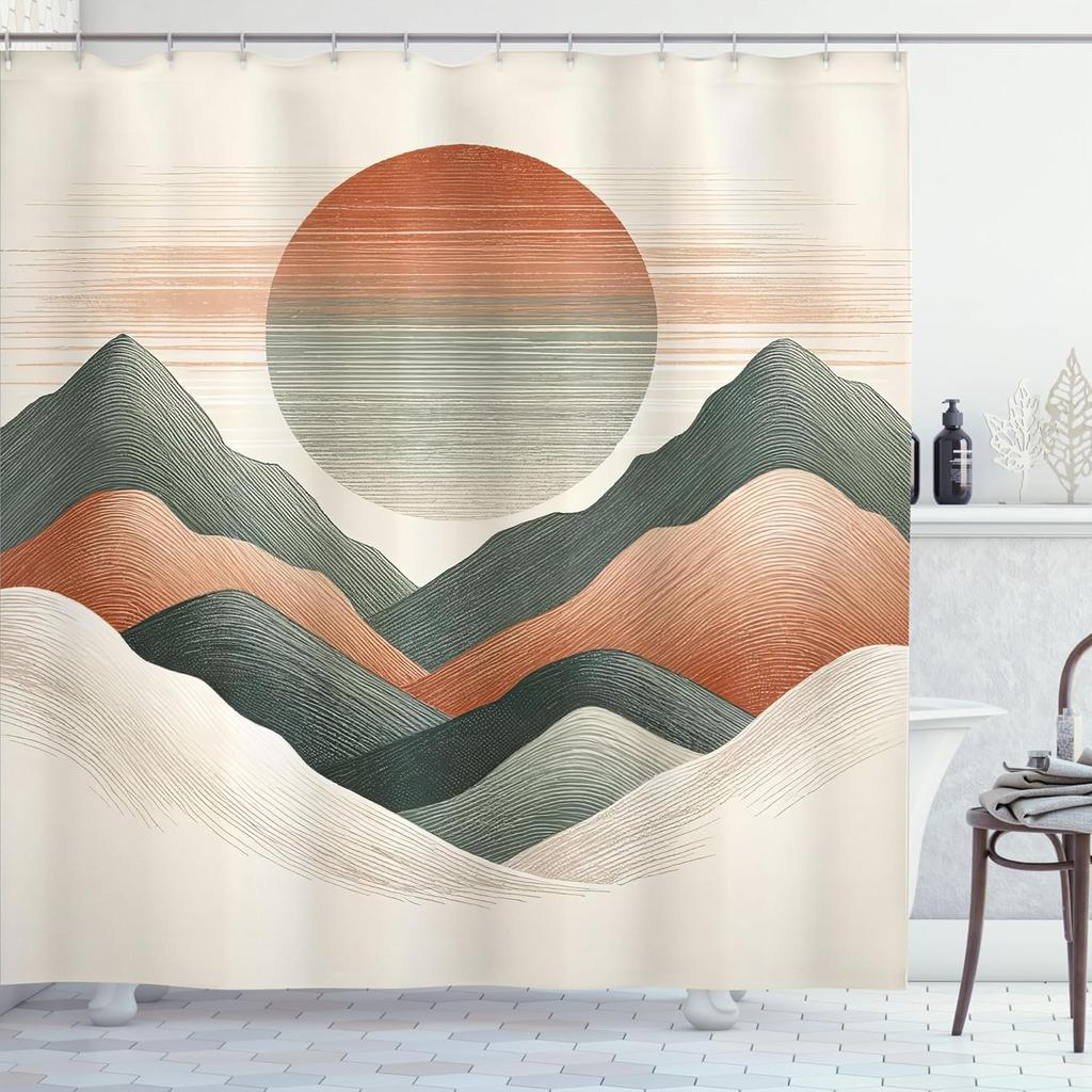 Neutral Shower Curtain, Modern Abstract Aesthetic Drawing of Mountains with Sun in Warm Tones, Cloth Fabric Bathroom D