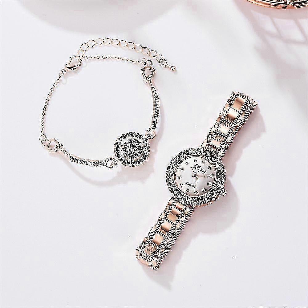 Women's Fashion Diamond Watch and Bracelet Two-Piece Set, Simple Quartz Watch Set, Rose Gold