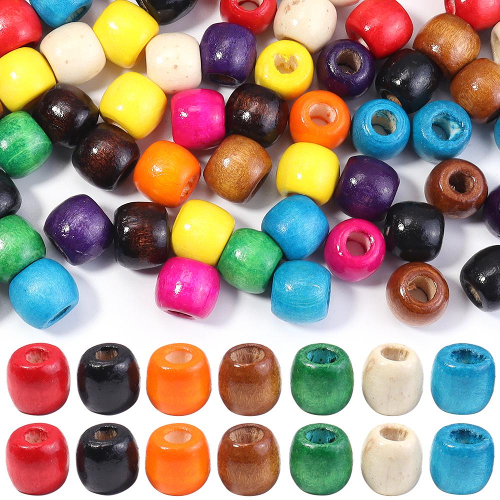 50-100Pcs Natural Wooden Beads Colorful Barrel Shaped Wood Beads Big Hole Loose Beads For Jewelry Making DIY Hair Accessories