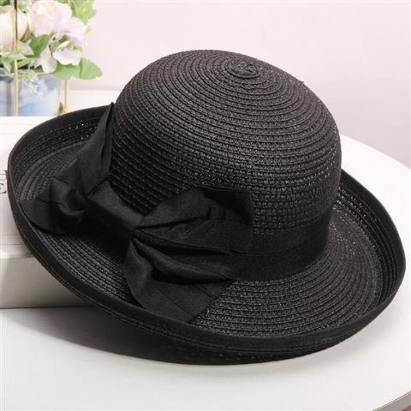 Elegant Straw Sun Hat with Black Big Bow - Wide Brim, White & Black Dome, Perfect for Summer and Formal Occasions,Tea Party