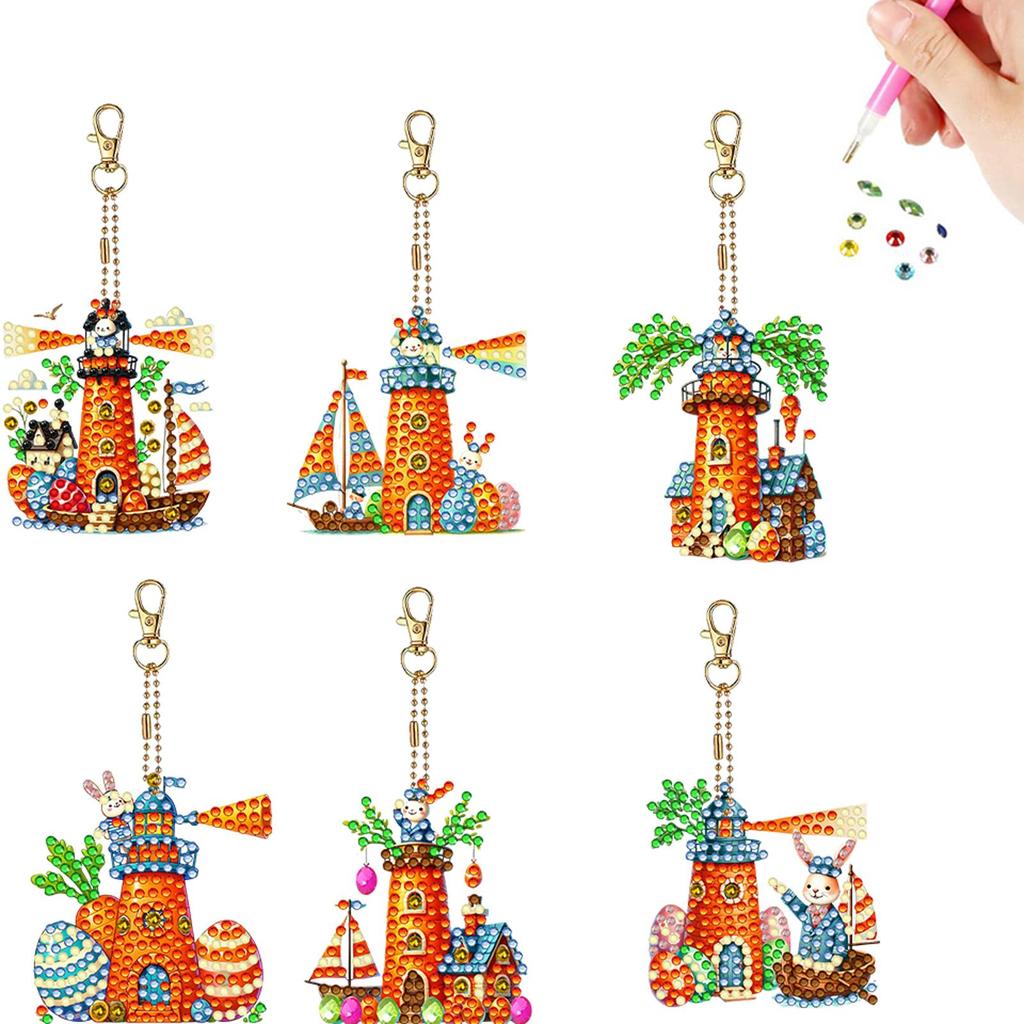 6Pcs DIY Special Shape Diamond Art Painting Keychain Kit Crystal Rhinestone Diamond Mosaic Key Chain Unique Handmade Gift