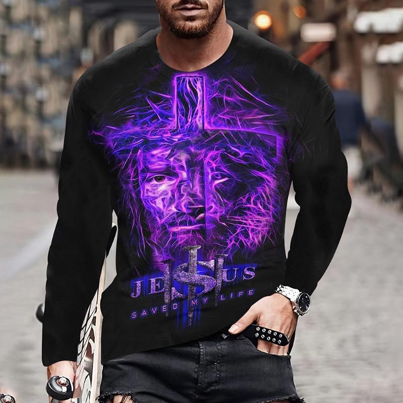 Funny Handprint Printed T-shirt Autumn Men's Casual Outdoor Long Sleeve Tees Top Pullover