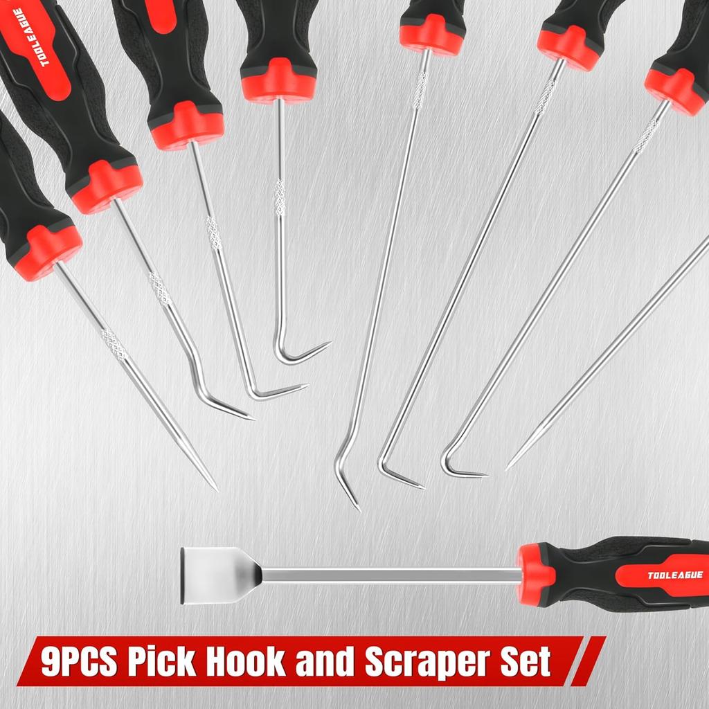 TOOLEAGUE 9Pcs Precision Pick and Hook Set with Scraper and Magnetic Telescoping Tool Kit for Automotive and Electronic Hand Tools Car Auto Oil
