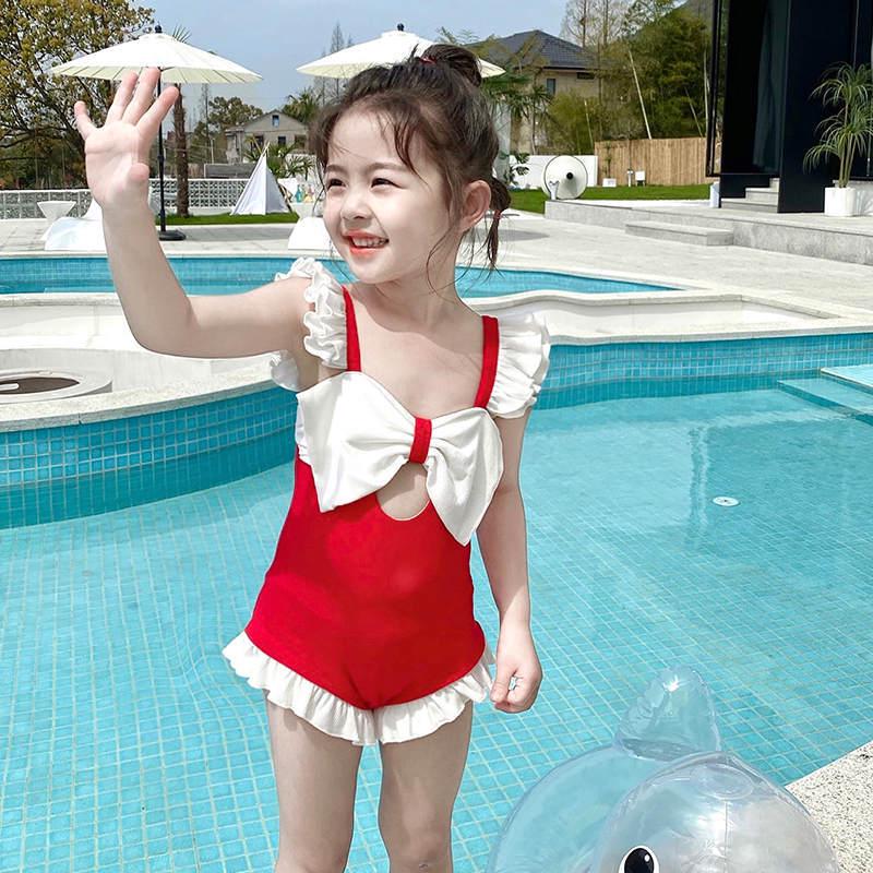 

Модный летний слитный купальник без рукавов для маленьких девочек 2024 90 красный