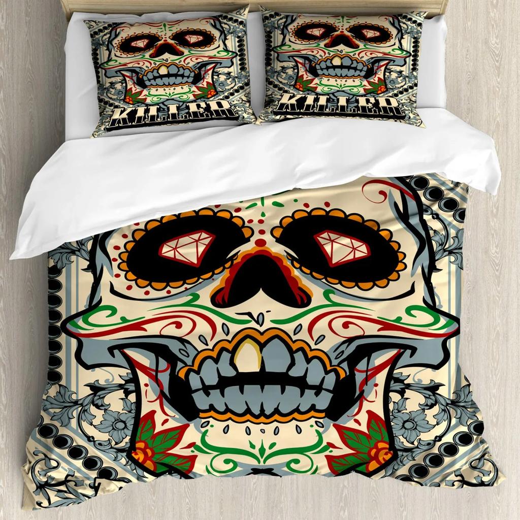 Sugar Skull Duvet Cover Illustration Of Diamond And Roses Vintage Revival Design Polyester Bedding Set Double Queen King Size