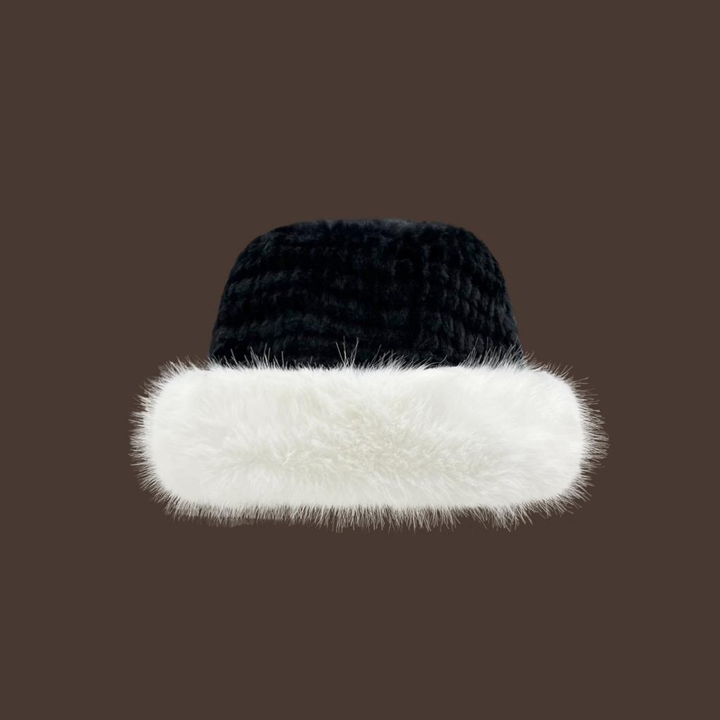High sense imitation fur mink fluffy bucket hat female lady wind big head circumference plush hat winter warm pullover hat