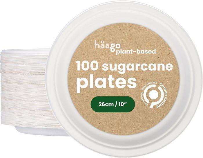 Assiettes Biodégradables - HAAGO - 100 Grandes Assiettes - 26cm - Écologiques - Rigidité Supérieure
