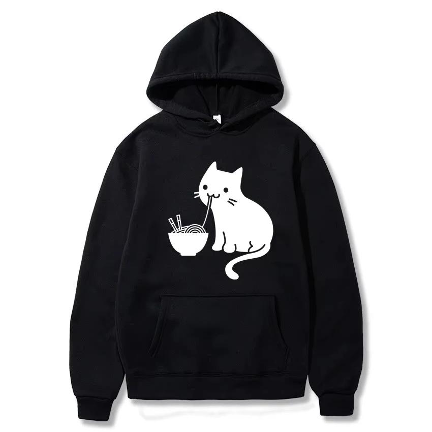 2025 Cute Cat Eating Ramen Pattern Print Pullover Hooded Sweatshirt Men's Street Outdoor Versatile Long Sleeve Comfortable