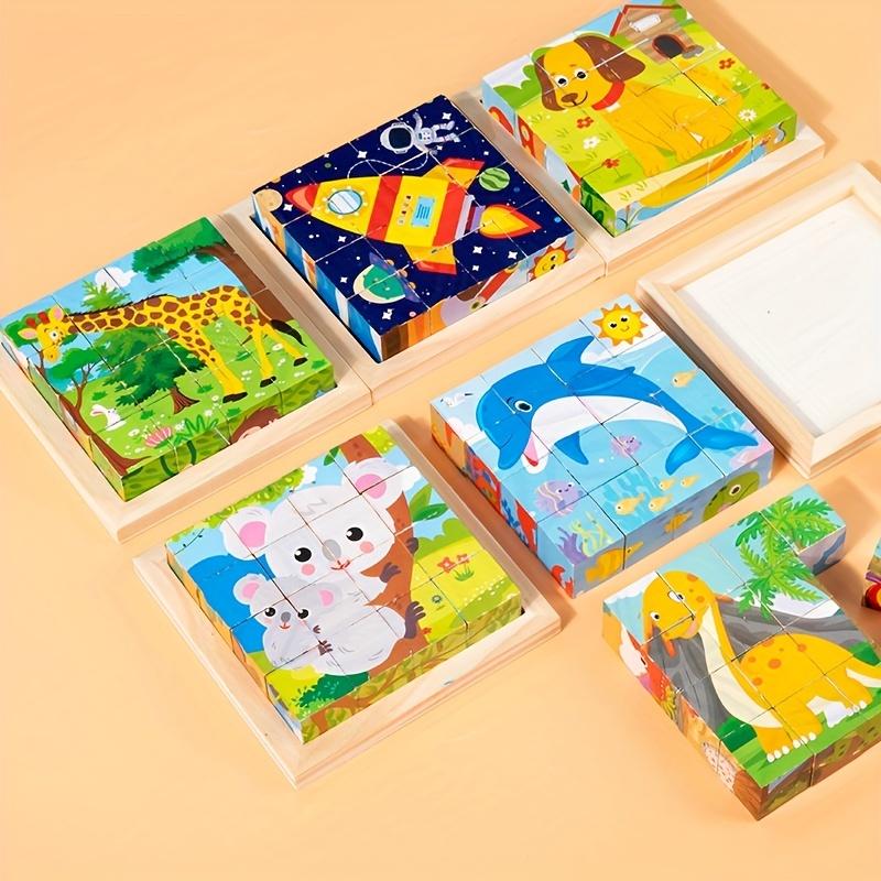 Baby Wooden Blocks Toys Baby Cartoon Animal Tangram Children Six Side Cube Jigsaw Puzzles Game Kindergarten Educational Toy