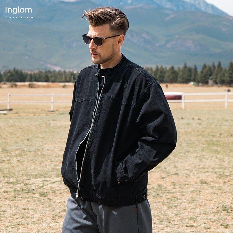 Yingjuelun Heavy-Duty Deconstructed Washed Vintage Denim Jacket for Men, Autumn and Winter Stand-Up Collar Jacket, American Retro Denim Clothing