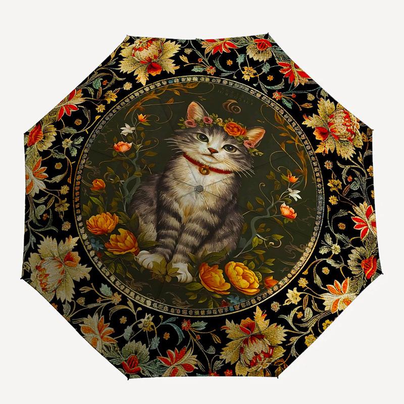 Cat Portrait, Floral FrameThemed Automatic Opening and Closing umbrella 8 Ribs, Suitable for Leisure and Going Out, Outdoor Accessory, Got