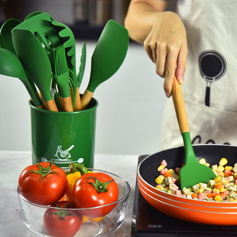 12Pcs Silicone Utensils Set  Non-Stick Cookware Wooden Handle Spatula Shovel Egg Beaters Kitchenware Kitchen Accessories