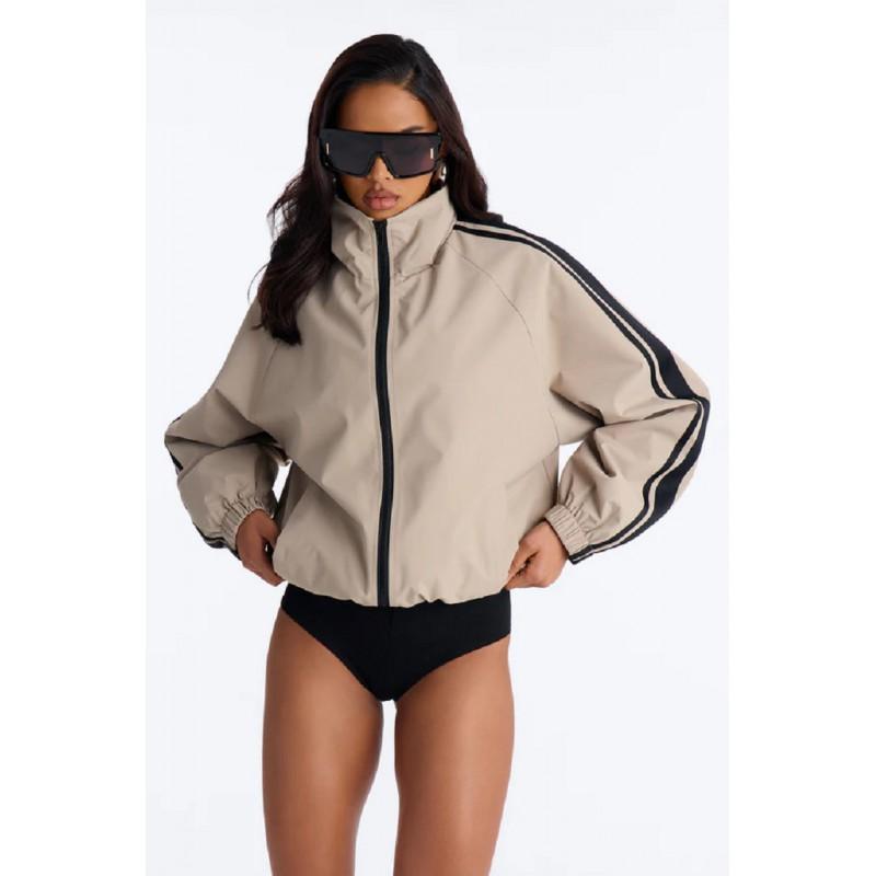 Womens Loose Fit Stand Collar Zip-Up