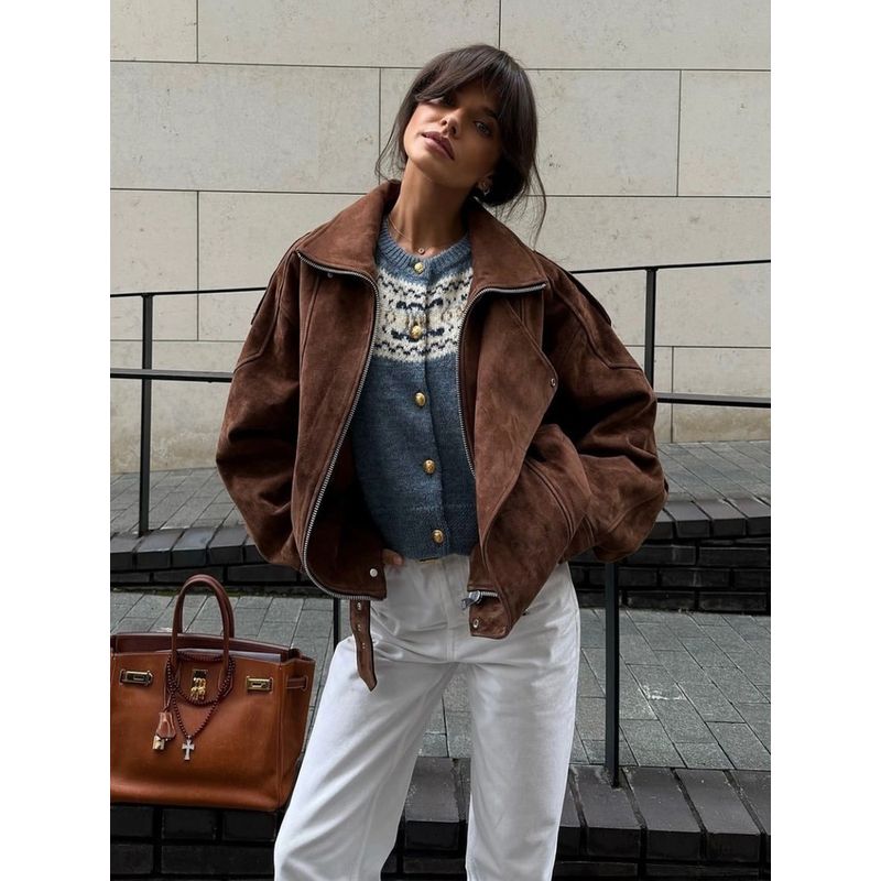 Yamano Tour Brown Beauty Style Retro Maillard Cool Style Lapel Suede Motorcycle Clothing Jacket Loose Short coat
