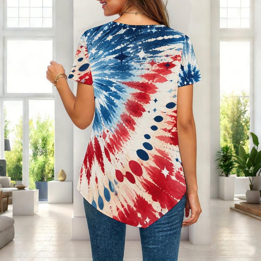 Women Plus Size Short Sleeve Asymmetric Hem Top Multi Point Star Sparkle Patriotic Print Blouse