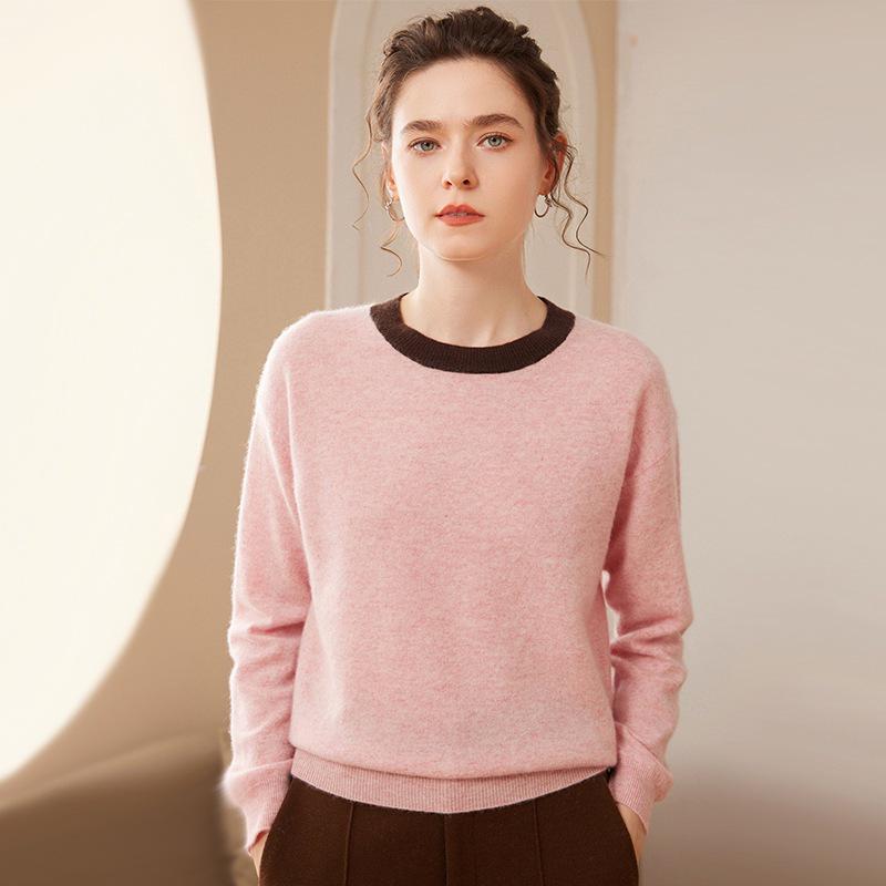 2024 A/W Women's Cashmere Knit Base Layer: Long Sleeve, Round Neck, Color Block, Warm, Comfortable Sweater