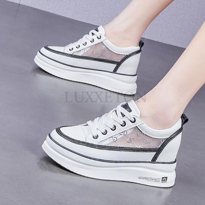5.5cm Genuine Leather Women Shoes Platform Wedge Sneakers Chunky Shoes Hidden Heel White Black Women Casual Shoes Summer