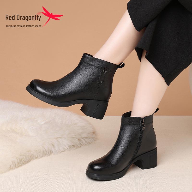 Red Dragonfly Women's Winter Leather Boots - Warm, Thick Sole, High-Top, Plus Velvet for Middle-Aged and Elderly