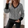 Camicette e camicie a maniche lunghe con scollo a V e stampa pied de poule, casual, primavera-autunno, da donna