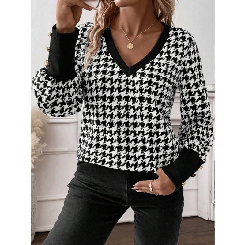Camicette e camicie a maniche lunghe con scollo a V e stampa pied de poule, casual, primavera-autunno, da donna