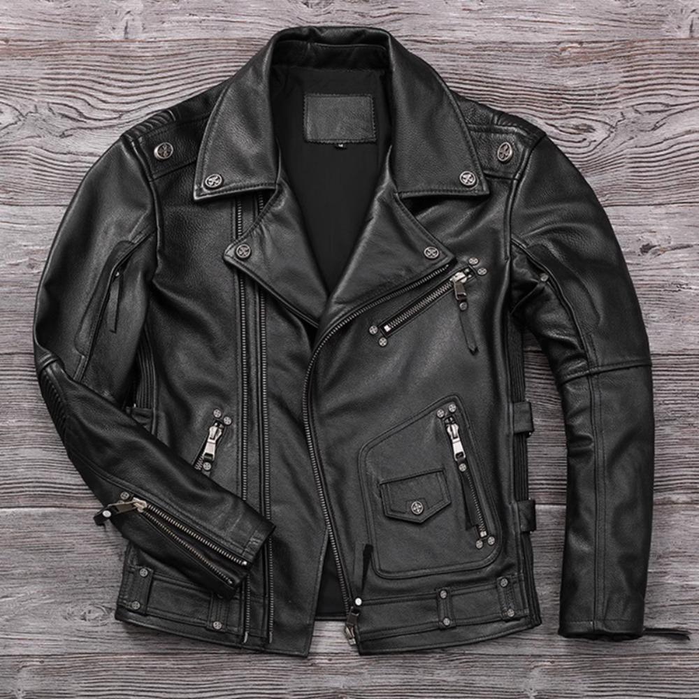 Chinese Size Heavy Motorcycle Jacket Natural Cowhide Leather Top Layer Causal Vintage Retro Moto Suit Leather Coat Winter