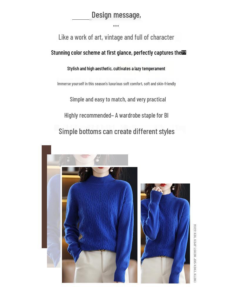 Women's 100% Pure Wool Hollowed Cable Knit Sweater, Half-High Neck, Drop Shoulder Pullover, Casual Versatile Knitwear