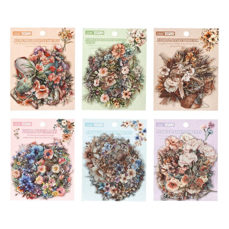 15-Sheet Retro Floral Bouquet & Vase Sticker Pack, Delicate Line Art & Soft Tones, Easy to Peel for Diary Accent & Creative