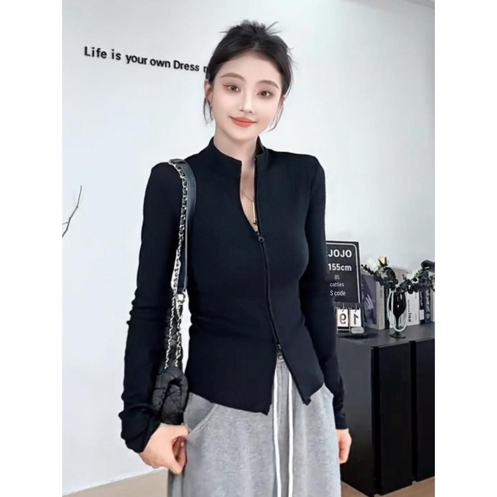 Hong Kong Style Double Zipper Stand-Up Collar Short Jacket: Women's Slim Fit Sweet & Spicy Long Sleeve Base Shirt