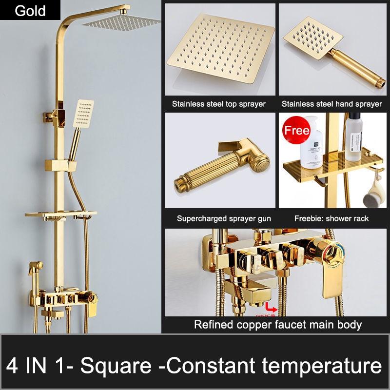 Set de duș 4 în 1 pentru duș auriu de lux cu pulverizator Robinet de apă pentru baie Baterie rece și caldă Duș din oțel inoxidabil