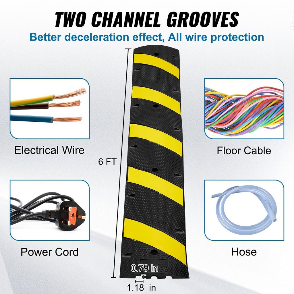 2PCs 6 Ft/72'' Rubber Speed Hump, 2 Channel, 22000 Lbs Capacity Heavy Duty Traffic Speed Bump, with High Reflective Yellow Strip 8 Expansion Screws