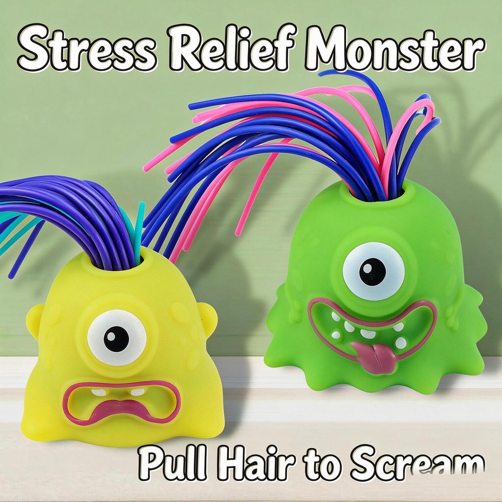 Pull Hair Screaming Monster Fidget Toy, Stress Relief Sensory Toy with 6 Funny Sounds, Soft Silicone Hair Prank Toy for Kids Adults