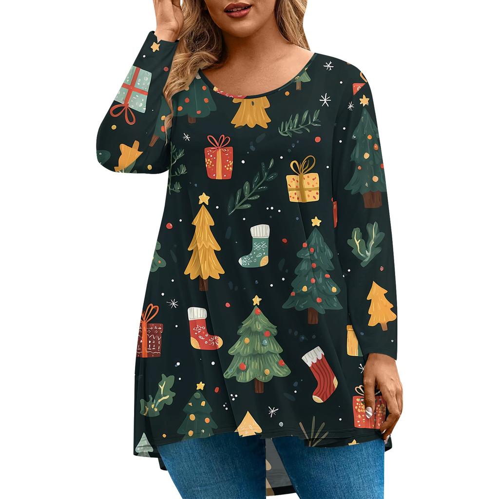 Women's Fashion Large Size Round Neck Long Sleeve Casual Christmas Print Loose Pullover Top