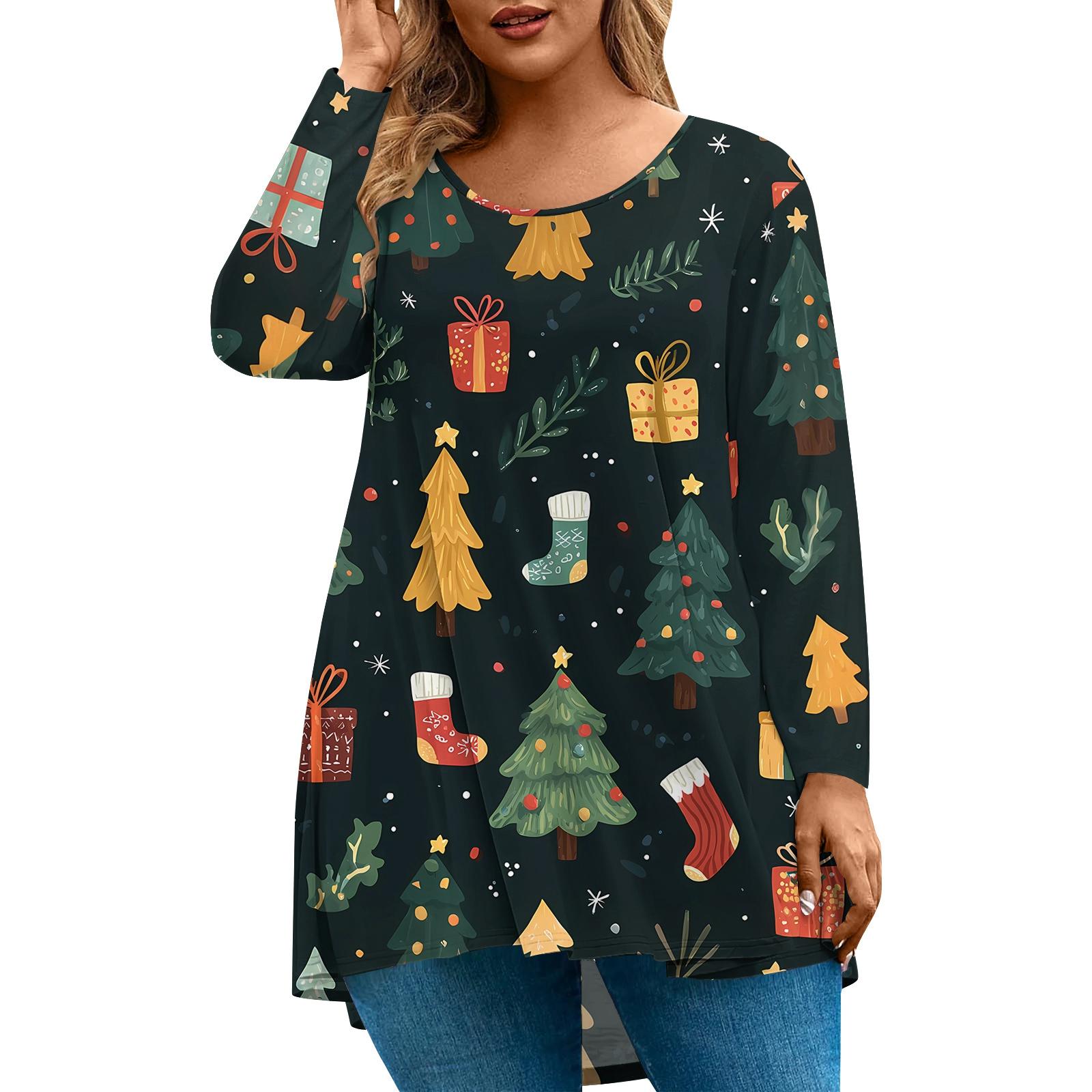 

Женская мода большого размера с круглым вырезом и длинным рукавом, повседневный свободный пуловер с рождественским принтом L