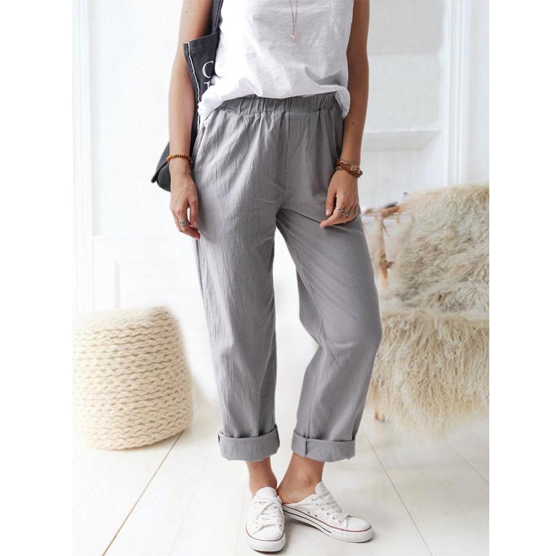 Women New Summer Cotton Linen Pants Solid Color Casual Stretch High-waist Straight-leg Pants