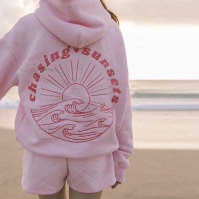 Bluza z kapturem damska na jesień i zimę, długie rękawy, gruby, jednolity kolor, elastyczny ściągacz, wzór zachodu słońca, opadające ramiona, luźny kaptur, naszywana kieszeń