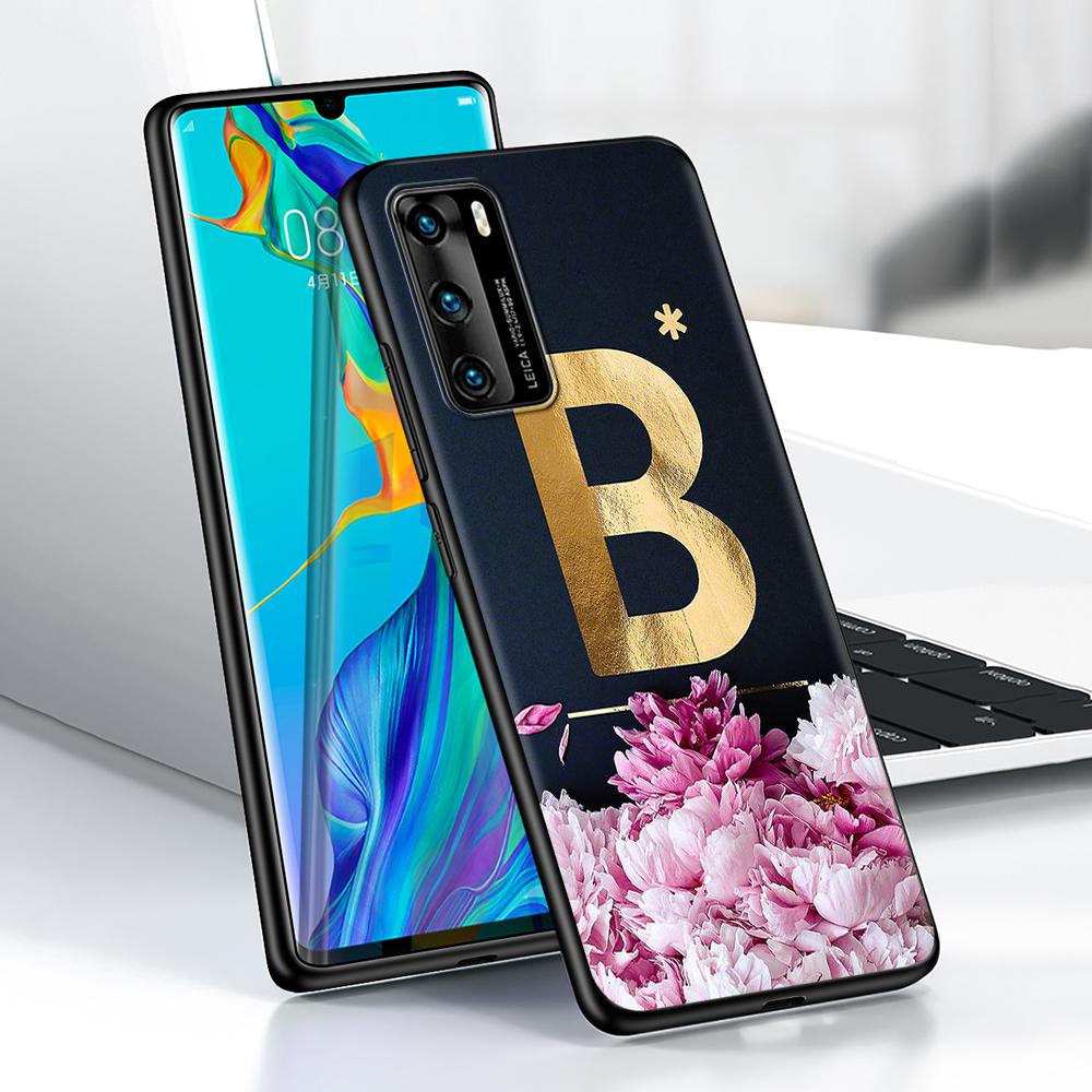 Golden Letter Flower Case for Huawei P30 P Smart Z P40 Lite E P20 Y6 Y7 Y9 2019 Honor 8X Play 9A 50 20 9X Pro Black Soft Cover