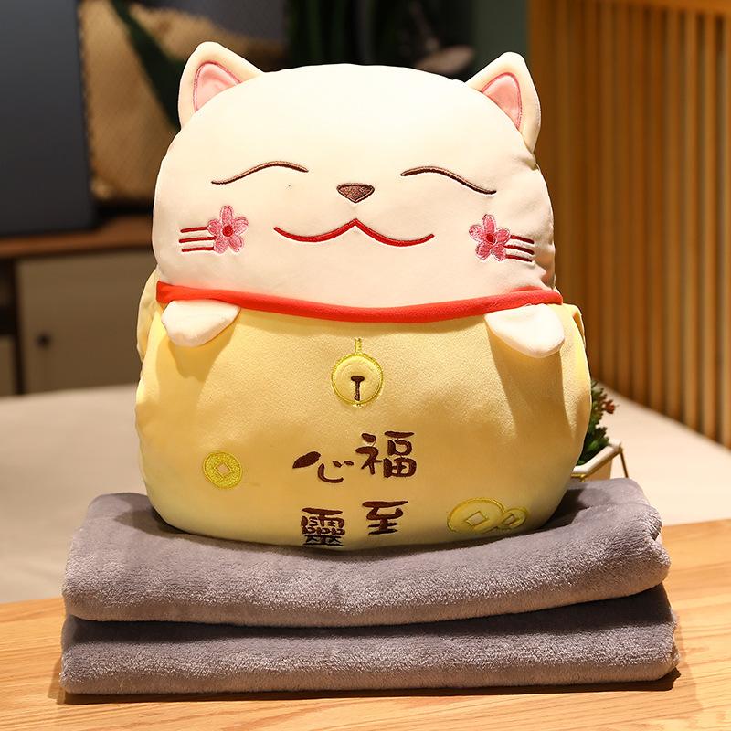 Lucky Cat Plush Pillow+Carpet 2 In 1 Stuffed Maneki Neko Sleep Blanket Cushion Hand Warmer Cartoon Throw Pillow with Blanket