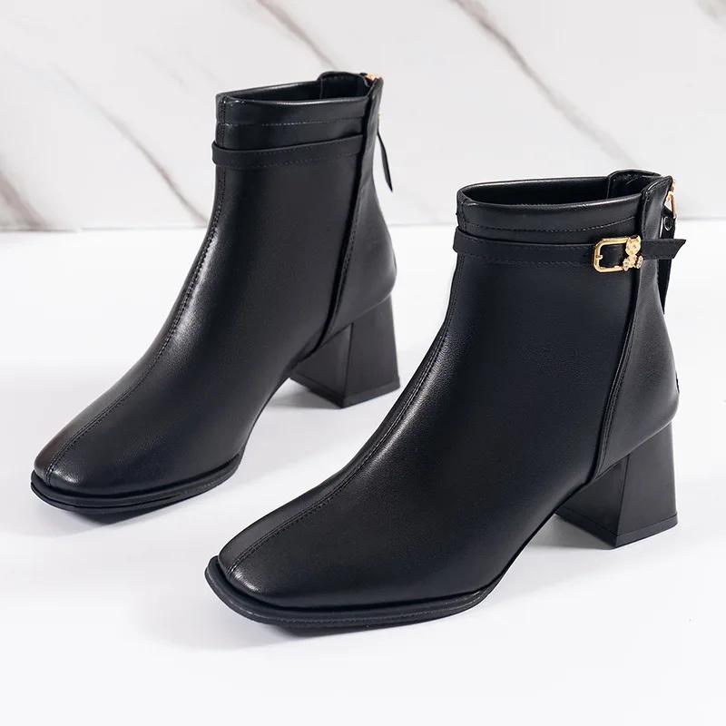 

мода Модные короткие сапоги Высококачественная женская обувь 2024 Новые французские сапоги премиум-класса Универсальные сапоги с толстым каблуком и круглым носком класса люкс 38 чёрный