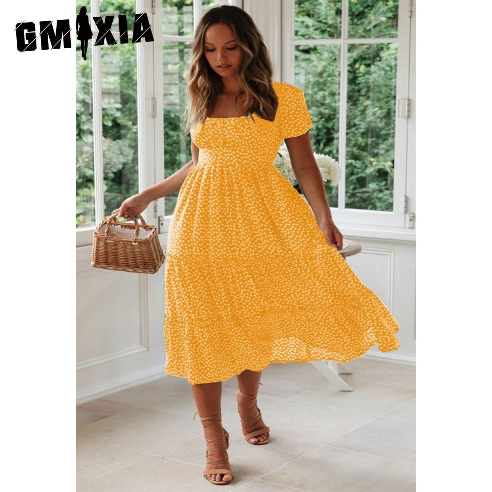 GMXIA Summer Love Polka Dot Dress Women Casual A-Line Short Sleeve Square Collar Ruffle Midi Dress Chiffon Red Black Blue Green