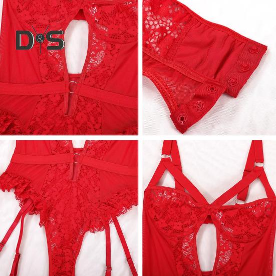 Women Sexy Bodysuit with Thigh Rings Backless Sleeveless Hollow Out Thin See-through Lace Flower Embroidery Spaghetti Strap Skinny Lady Wedding Night