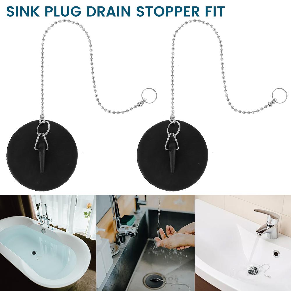 2Pcs Sink Plug Universal Rubber Drain Stopper with Round Beaded Chain 4.95/4cm Bath Sink Drain Stopper Plug for Bathtub Kitchen