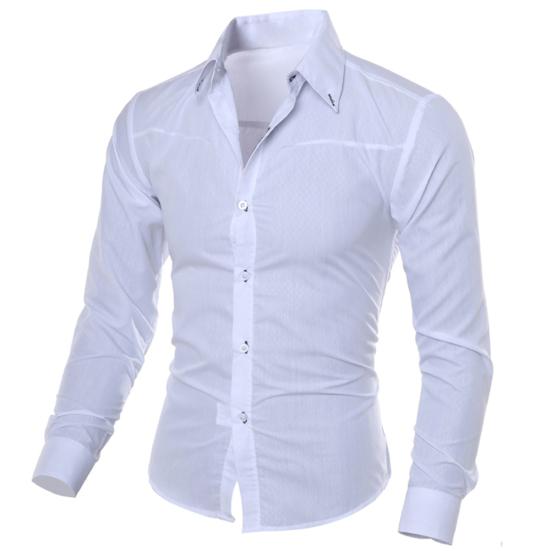 Männer Mode Einfarbig Drehen Unten Kragen Langarm Slim Fit Bluse Shirt Top