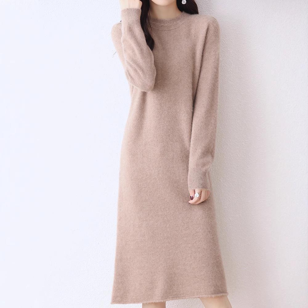 

Women s 100% Wool Knitted Midi Dress: Round Neck, Slim Fit, Autumn/Winter Style XL (125-135 jin)