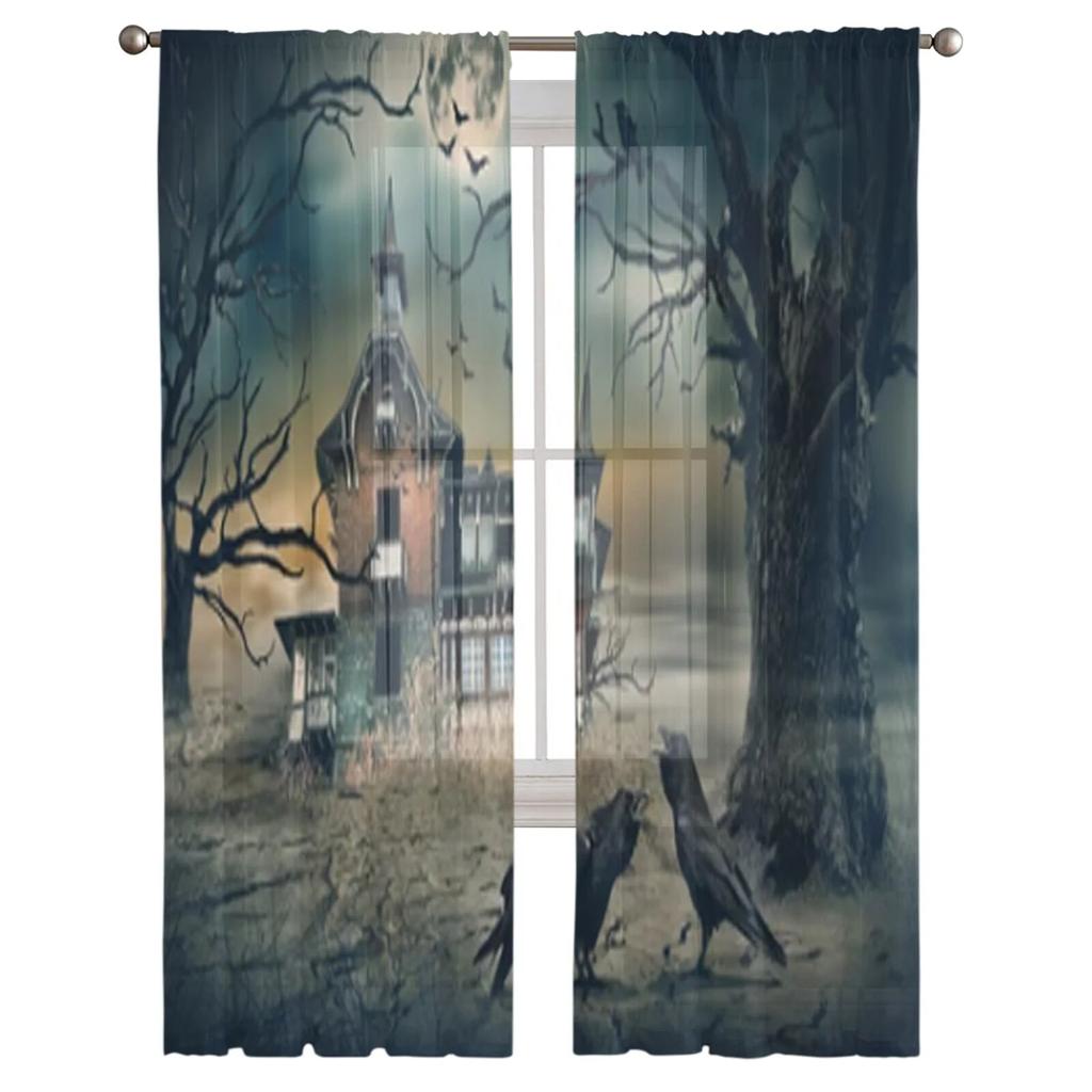 Haunted House Horror Sheer Window Curtains For Living Room Bedroom Modern Voile Tulle Curtains Fabric Drapes For Kitchen