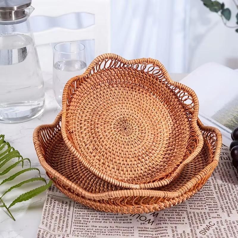 Hand-Woven Fruit Storage Basket Rattan Storage Tray Wicker Baskets Bread Food Breakfast Display Box Handicrafts Home Decoration