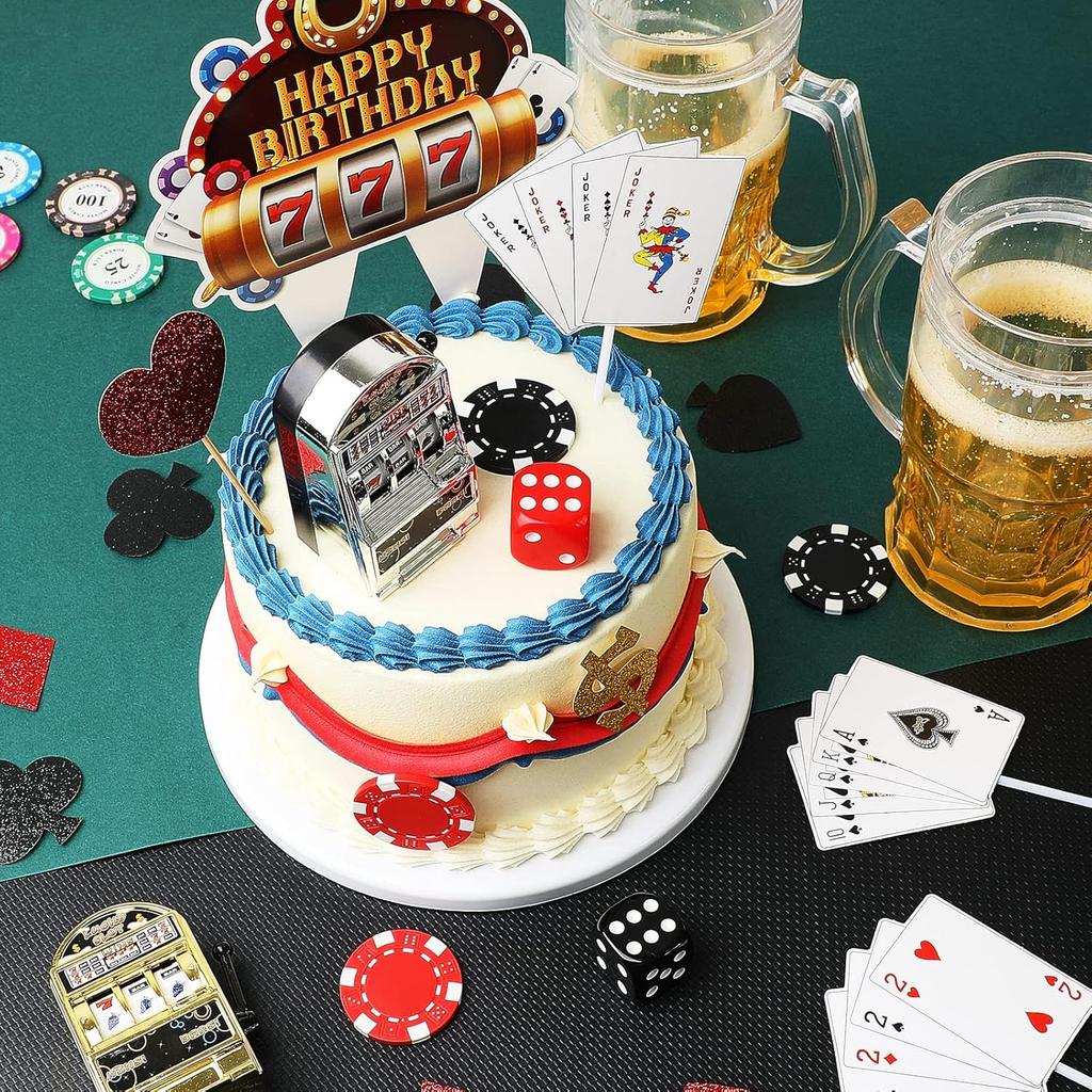 21 Pieces Casino Cake Decorations Set Mini Slot Toy Machine Poker Cake Topper Casino Happy Birthday Cake Topper