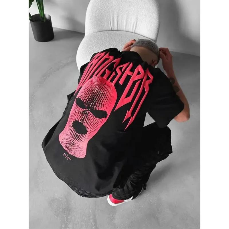 2025 Trendy High Street Masked Man Print Men's 100% cotton T-shirt, Oversized loose Harajuku short-sleeved top
